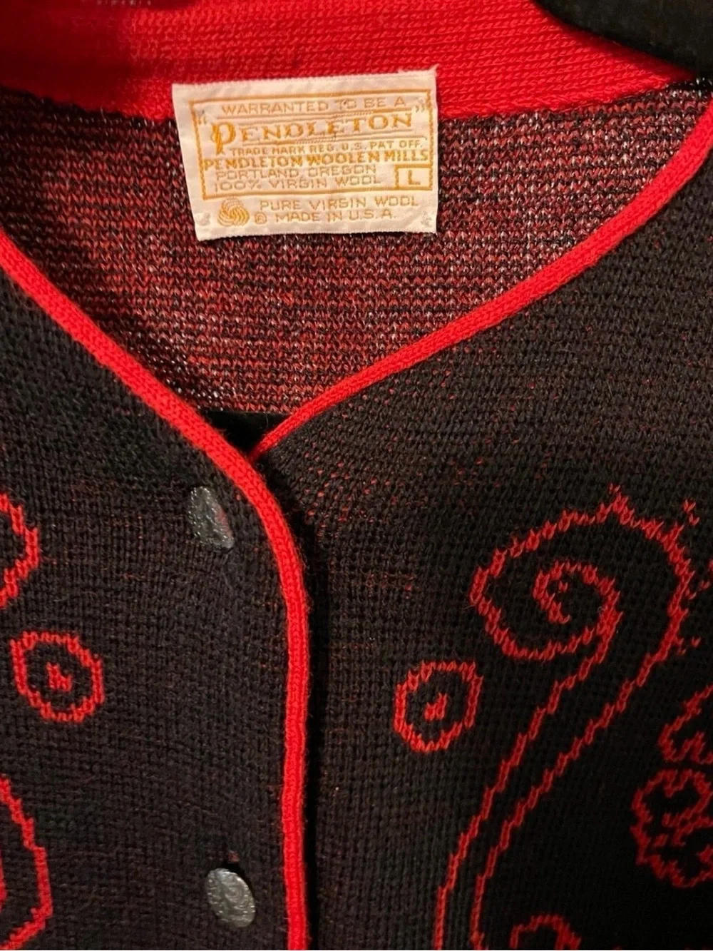 Pendleton Vintage 70’s-80’s Red & Black Button 100% Virgin Wool Cardigan-Large